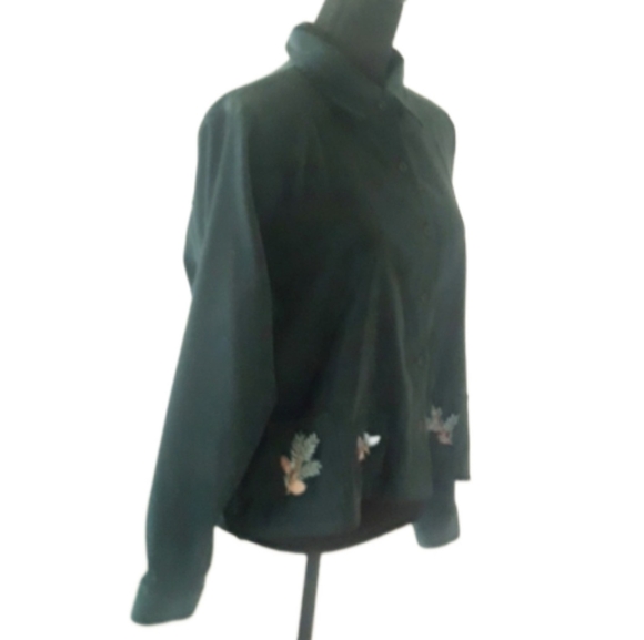 Vtg Christopher & Banks Green Velour Shirt with Holly Pinecone Patches - Large - Picture 3 of 13